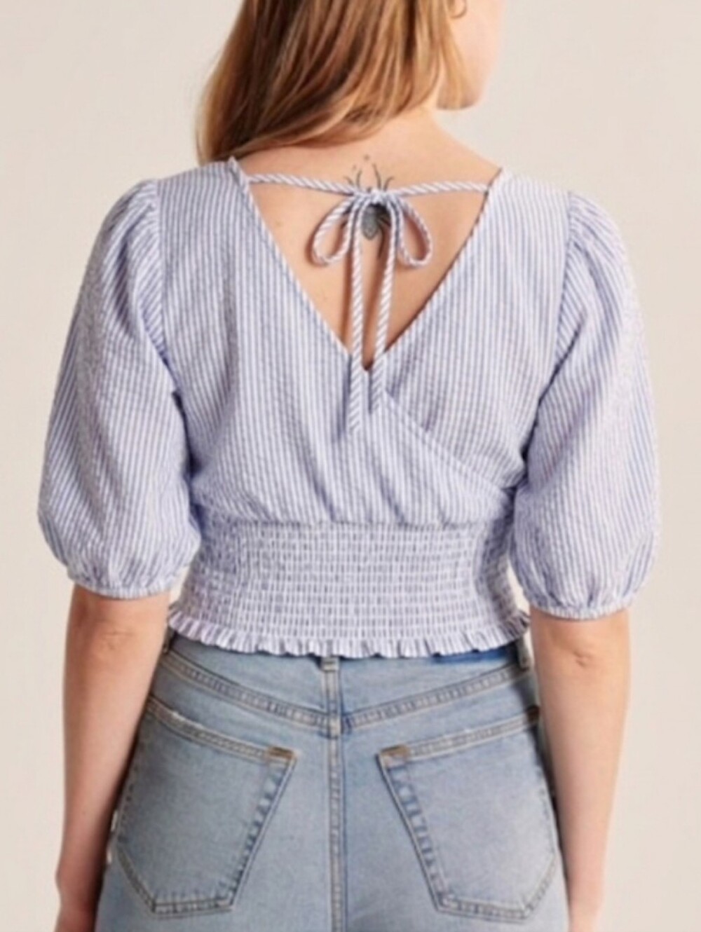 A&F Blue & White Stripe Crop Wrap Top w/ Tie Back, Size Small